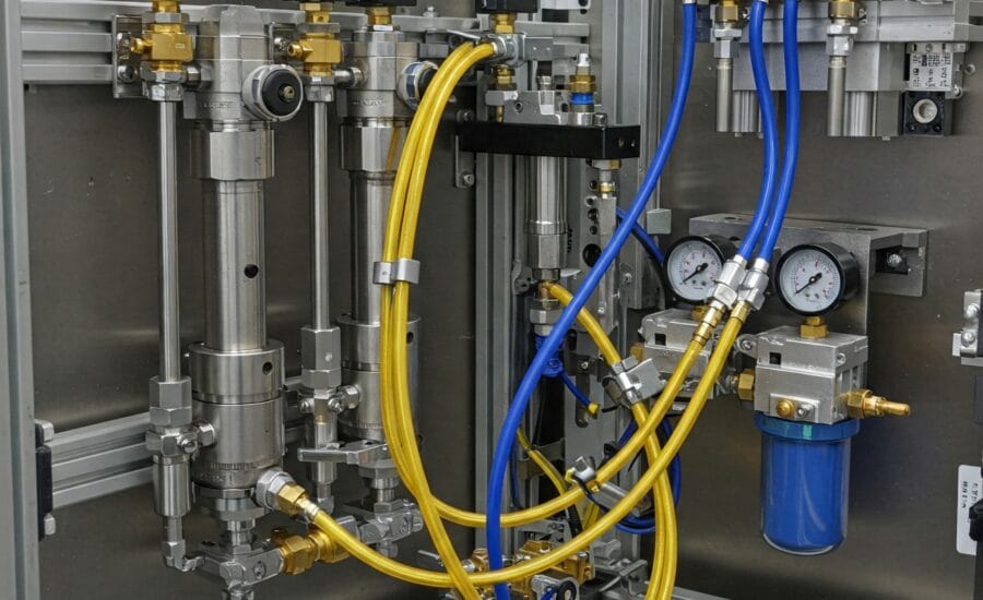 A collection of various pneumatic system components, including pneumatic cylinders, solenoid valves, air filter regulators, tubing, and fittings, arranged in an industrial setting, representing Bepto's pneumatic system solutions.