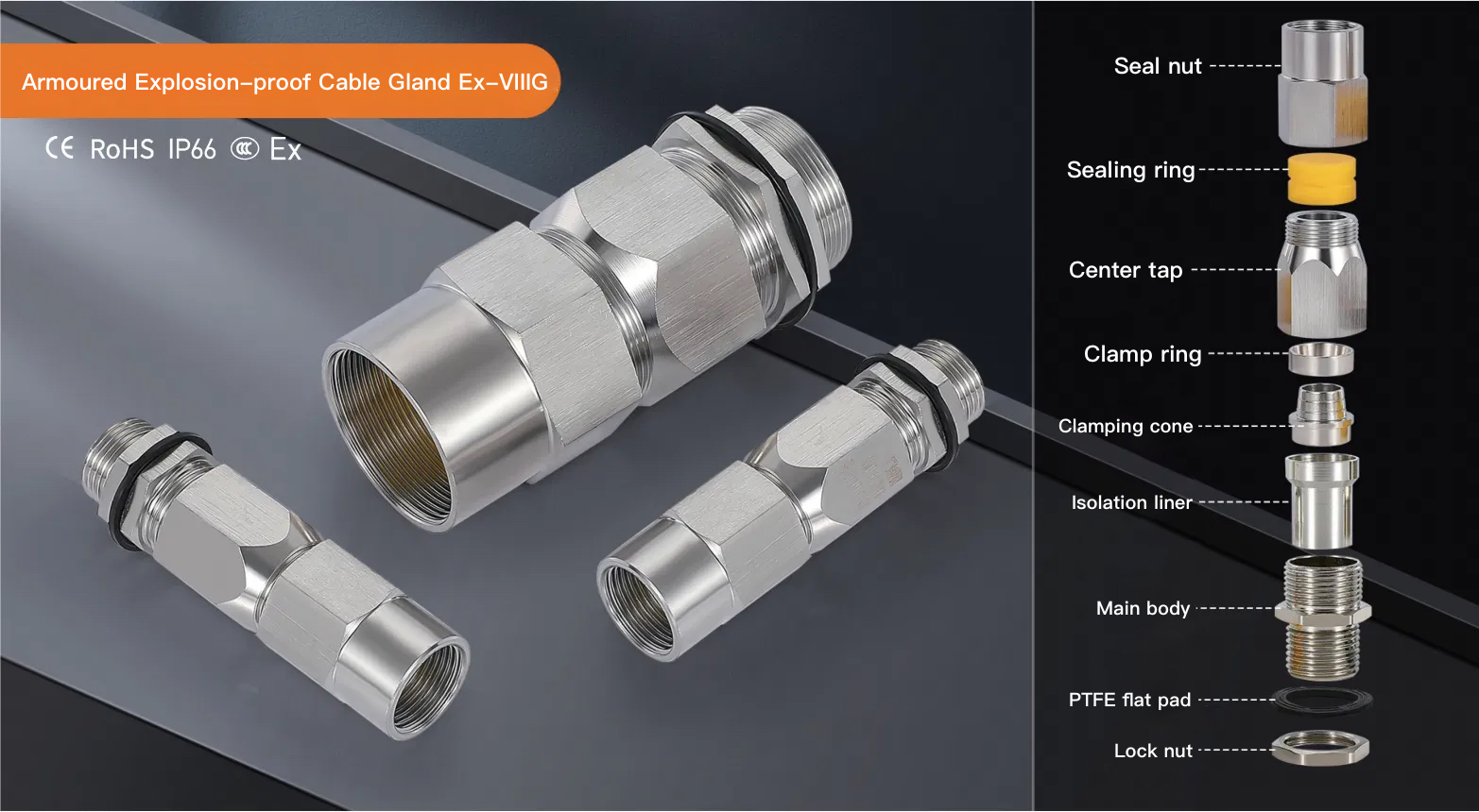 Ex-VIIIG Armoured Cable Clamping Gland, Single Seal for Zone 1 & 2