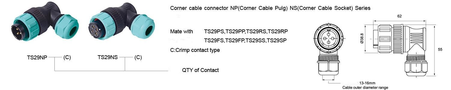 Connettore ad alta potenza a 90 gradi, serie TS29NPNS 50A IP68