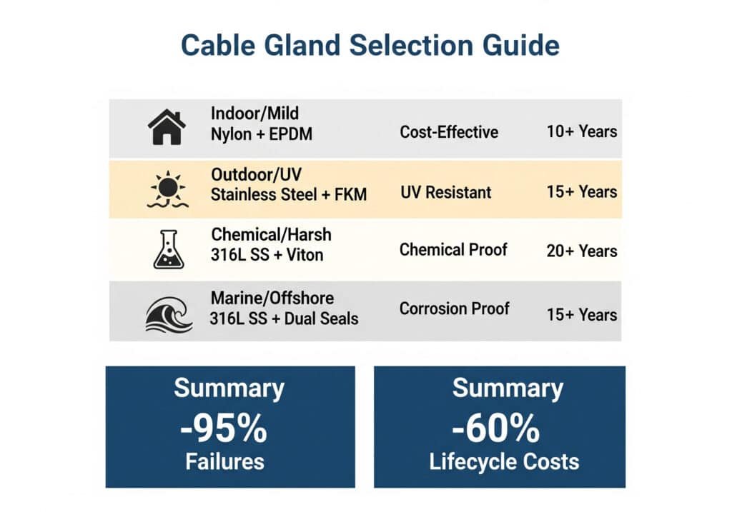 I ett infografiskt diagram med titeln "Cable Gland Selection Guide" rekommenderas specifika material för olika miljöer - t.ex. nylon för inomhusbruk och rostfritt stål för utomhusbruk, kemiska eller marina applikationer - och det betonas att rätt val kan förhindra 95% fel och minska livscykelkostnaderna med 60%.