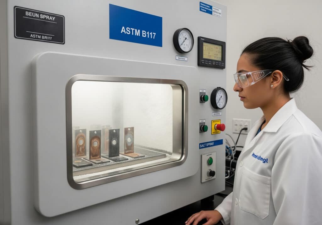 Tehniķis laboratorijas halātā un ar aizsargbrillēm novērtē metāla paraugu koroziju ASTM B117 sālssmidzināšanas kamerā, demonstrējot precīzi kontrolētu materiālu izturības testēšanas procesu.