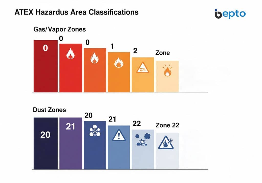 Datu infografikas diagramma, kurā vizuāli izskaidrotas ATEX sprādzienbīstamās zonas. Tajā ir izmantots tīrs izkārtojums, lai klasificētu gāzes/gaisa tvaiku (0, 1, 2) un putekļu (20, 21, 22) zonas, ar grafiku, kas norāda sprādzienbīstamas vides iespējamības samazināšanos no zemāka uz augstāku zonas numuru.