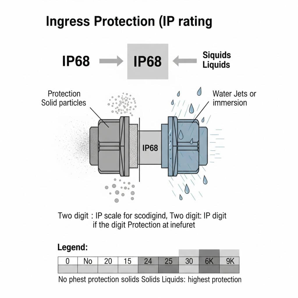 Інфографіка пояснює систему класифікації IP (захист від проникнення), показуючи кабельний сальник, випробуваний на стійкість до твердих частинок і рідин, щоб проілюструвати, як працює двозначний код, визначений стандартом IEC 60529.