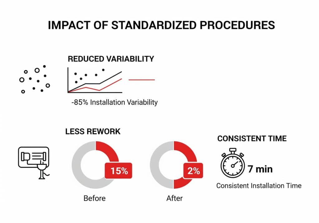 Infografika s názvem "Dopad standardizovaných postupů" ukazuje snížení variability instalace o 85%, pokles počtu přepracování ze 15% na 2% zobrazený v koláčových grafech a konzistentní 7minutovou dobu instalace.