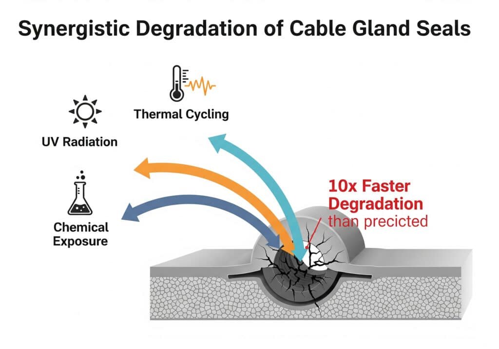 En infografik med titeln "Synergistic Degradation of Cable Gland Seals" visar hur UV-strålning (solikon), termiska cykler (termometer med cykler) och kemisk exponering (bägarikon) tillsammans bryter ned en kabelgenomföringstätning, med betoning på en nedbrytningshastighet som är 10 gånger snabbare än vad som förutses i laboratorietester.