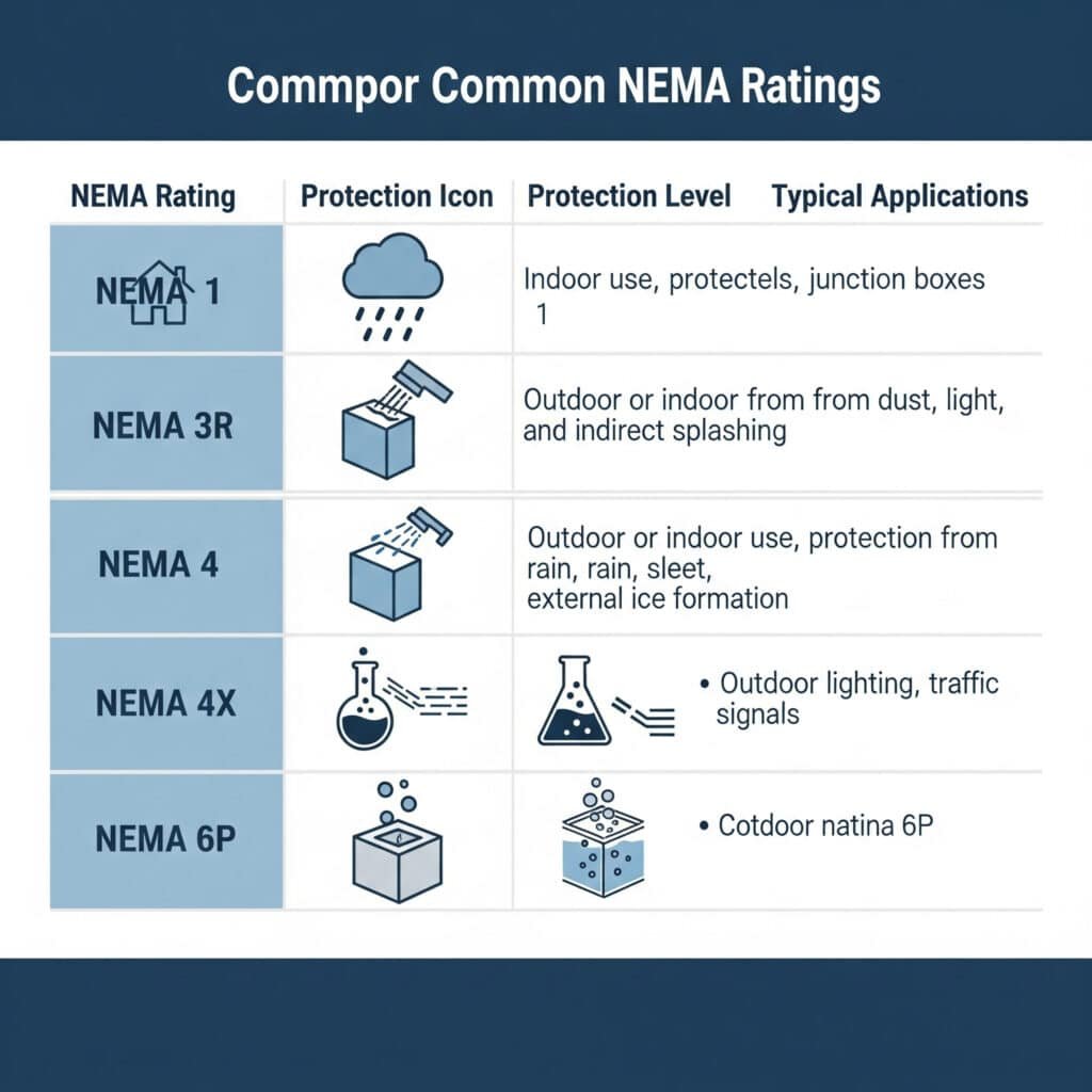 В инфографической диаграмме подробно описаны распространенные рейтинги NEMA (NEMA 1, 3R, 4, 4X, 6P), в каждой строке - значок защиты, описание уровня защиты и типичные области применения для выбора.