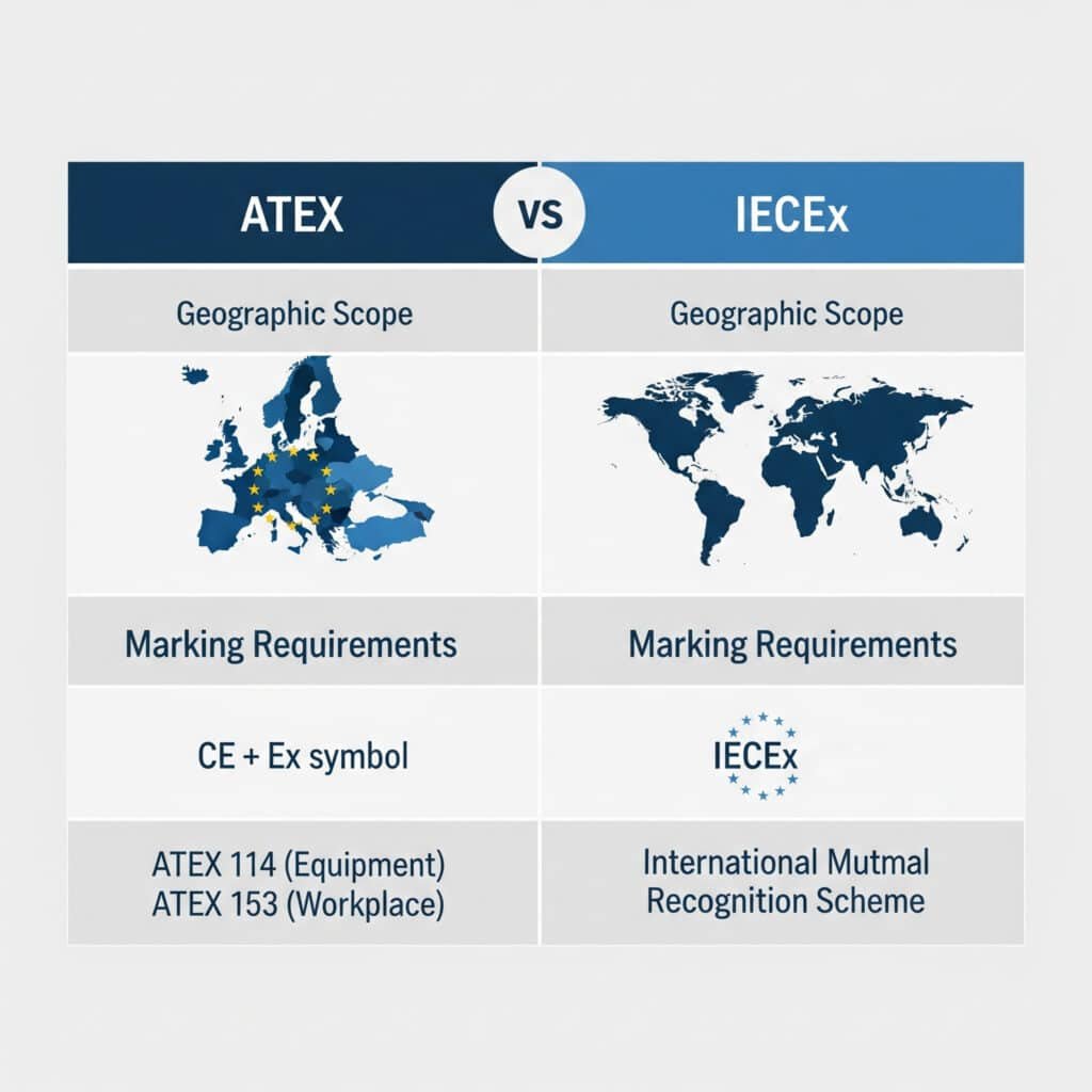 Un tableau de données comparant les normes ATEX et IECEx. Le graphique comporte deux colonnes principales, l'une pour ATEX et l'autre pour IECEx. Chaque colonne comporte des lignes pour la "portée géographique", les "exigences de marquage" et les "directives/systèmes clés". La colonne ATEX présente une carte de l'Union européenne pour le champ d'application, le "symbole CE + Ex" pour le marquage et les directives "ATEX 114 (Équipement)" et "ATEX 153 (Lieu de travail)". La colonne IECEx présente une carte du monde pour le champ d'application, le "logo IECEx" pour le marquage et "International Mutual Recognition Scheme" pour le système.