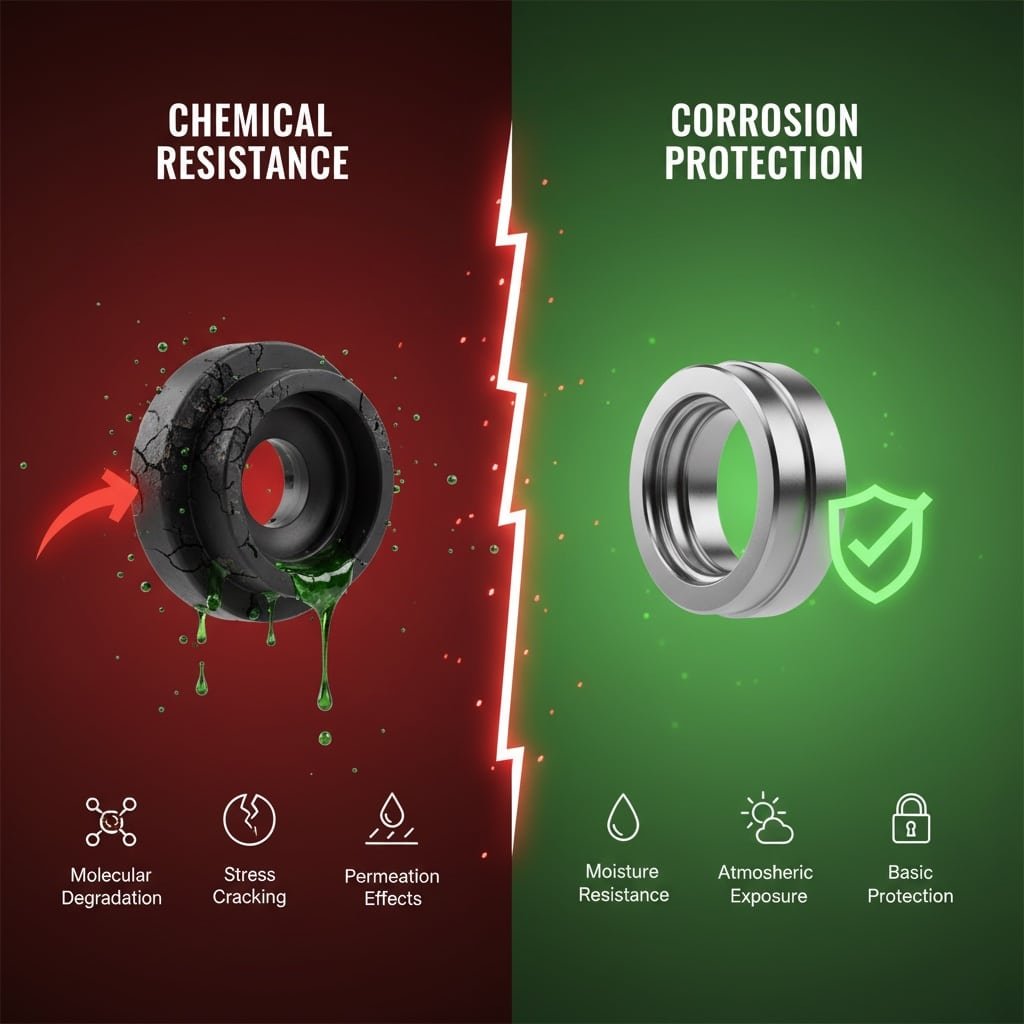 An infographic comparing 'Corrosion Protection' to 'Chemical Resistance.' The 'Corrosion Protection' side shows a metal part resisting basic atmospheric moisture. The 'Chemical Resistance' side shows a different material successfully withstanding aggressive chemical attack, while a standard part is shown failing in the same environment. This illustrates the critical difference in protection levels for industrial applications.