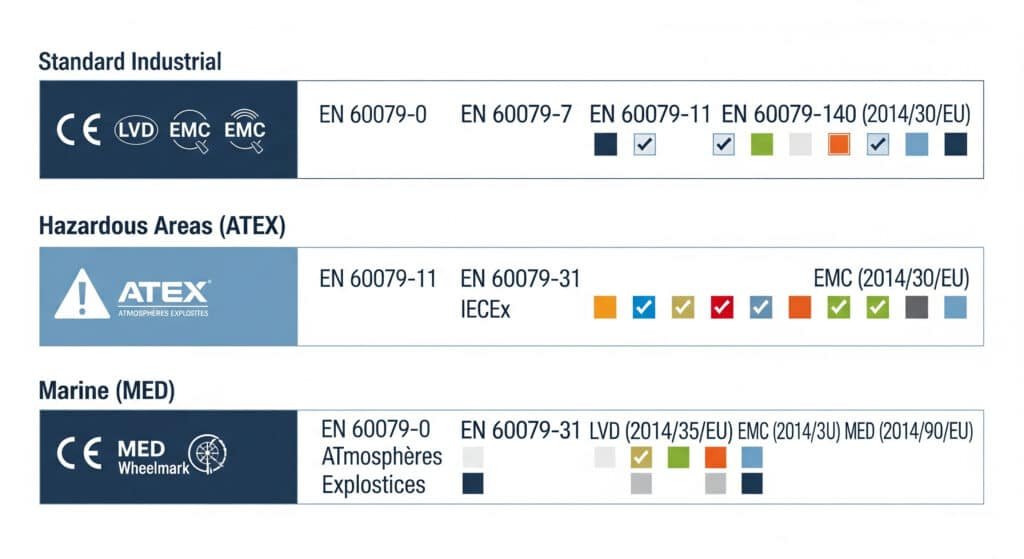 Un grafic de date infografic care ilustrează conformitatea cu directiva privind presele pentru cabluri, cu rânduri pentru "Industria standard", "Zone periculoase (ATEX)" și "Marină (MED)", fiecare prezentând siglele directivei aplicabile, cum ar fi LVD, EMC, ATEX și marca de roată MED.