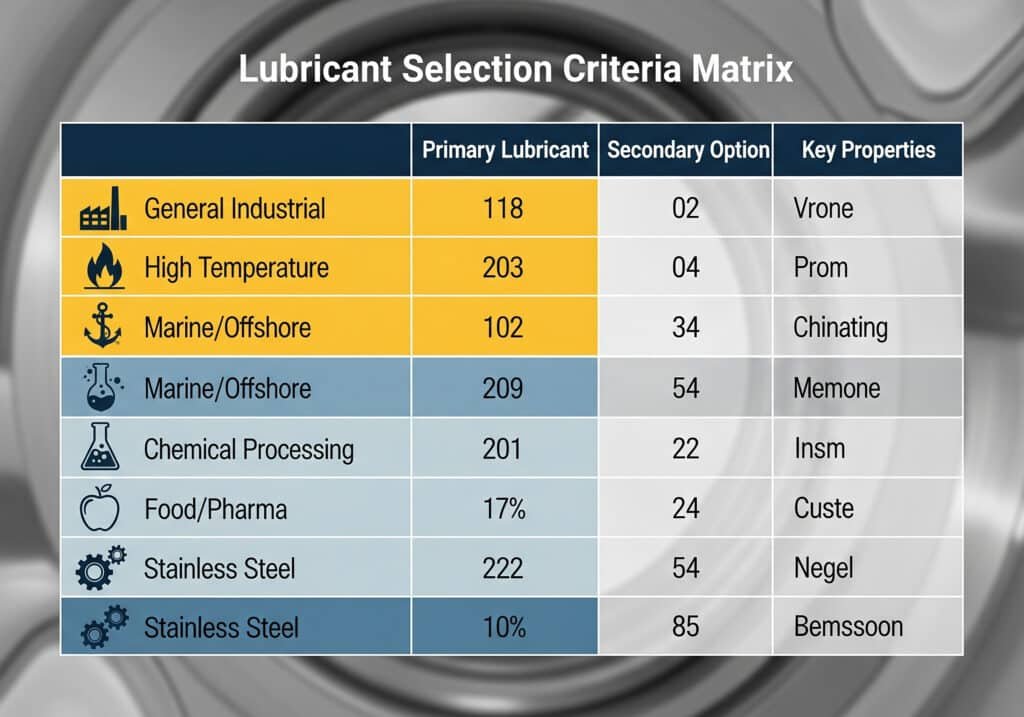 Une matrice des critères de sélection des lubrifiants pour les presse-étoupes. La matrice répertorie différents environnements d'application, tels que General Industrial et Marine/Offshore, et recommande les options de lubrifiant primaire et secondaire ainsi que leurs principales propriétés pour chaque cas d'utilisation spécifique.