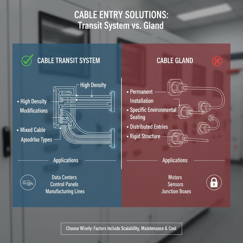 An infographic comparing a cable transit system to traditional cable glands. The left side showcases a transit system in a data center, highlighting its clean appearance, high cable density, and ease of modification. The right side displays multiple individual cable glands, representing a more permanent and distributed installation. This visual contrast explains when to choose each solution based on application needs.