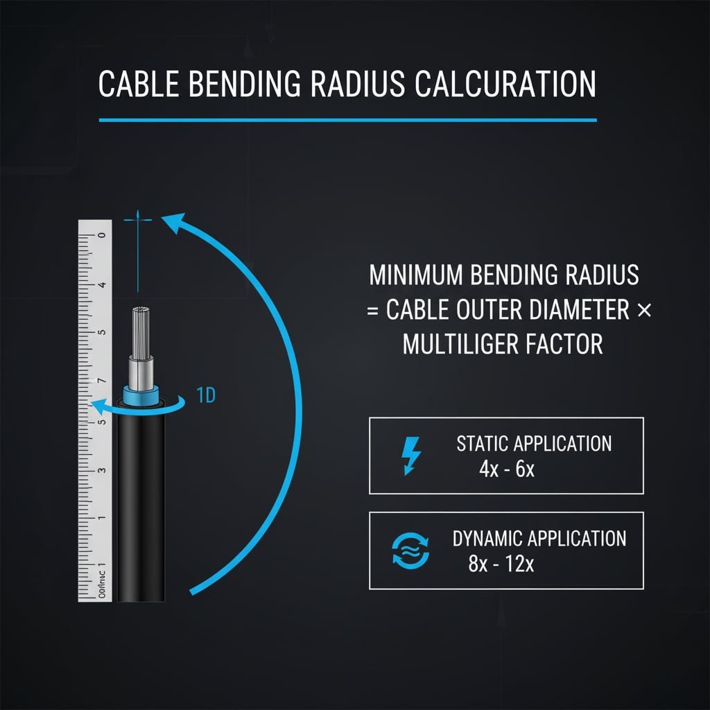 Ein technisches Diagramm zur Veranschaulichung des Konzepts und der Berechnung des Mindestbiegeradius eines Kabels, das die Formel "Mindestbiegeradius = Kabelaußendurchmesser x Multiplikatorfaktor" zusammen mit einer Abbildung eines gebogenen Kabels mit bemessenem Radius zeigt.
