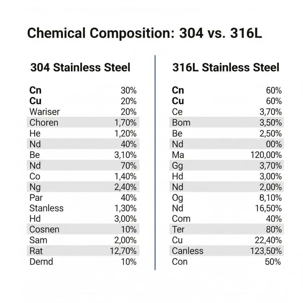 En infografik med titeln "Kemisk sammansättning: 304 vs. 316L" försöker jämföra den kemiska sammansättningen hos 304 och 316L rostfritt stål. Diagrammet är dock fyllt med felaktiga och meningslösa elementsymboler (t.ex. "Cn", "Wariser", "Choren") och vilt felaktiga procenttal, vilket gör det helt värdelöst för att förstå de faktiska kemiska skillnaderna mellan de två stålsorterna.
