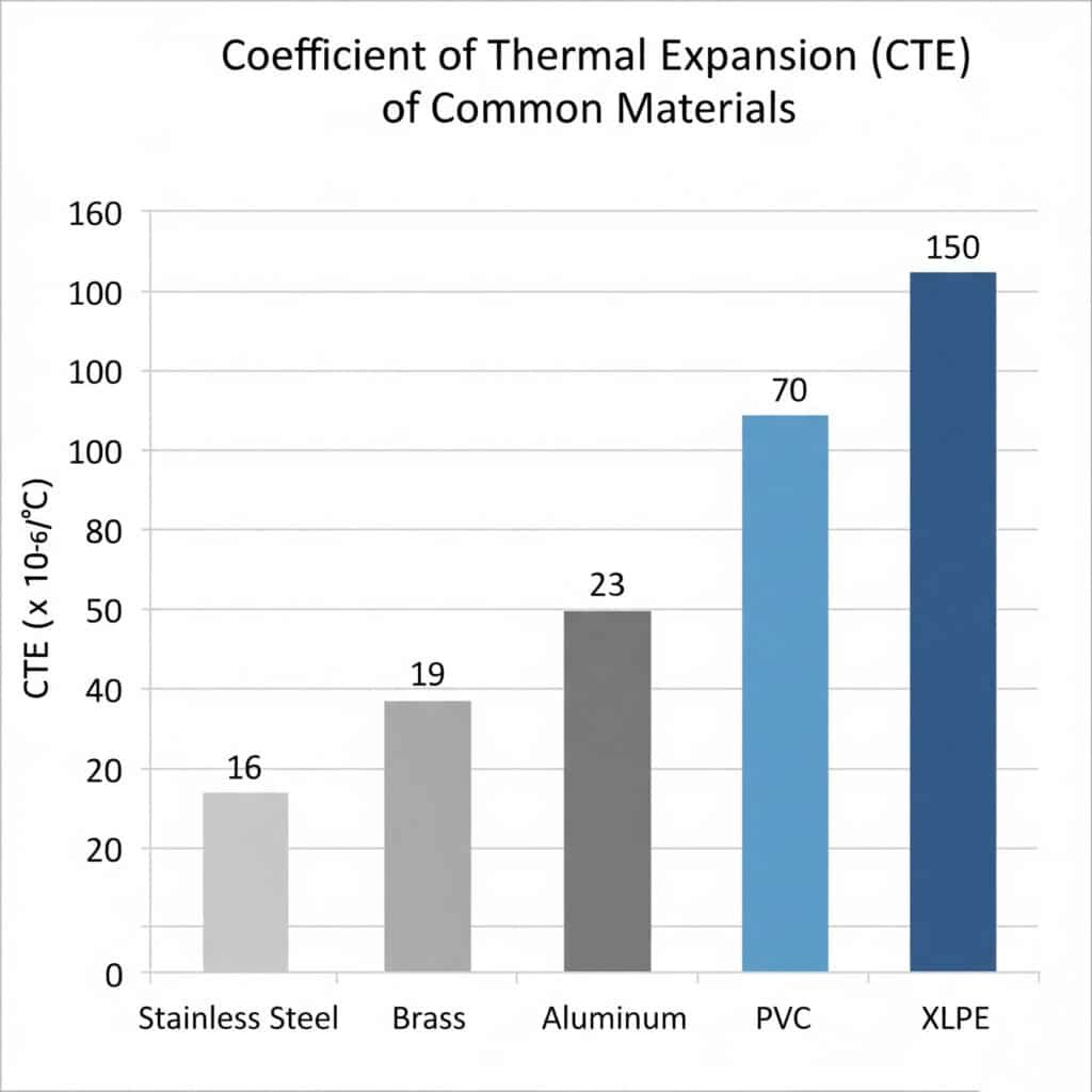 A bar chart titled 'Coefficient of Thermal Expansion (CTE) of Common Materials' comparing the CTE values for Stainless Steel (16), Brass (19), Aluminum (23), PVC (70), and XLPE (150). The chart visually emphasizes the significant difference in thermal expansion between metals (grey bars) and plastics (blue bars).