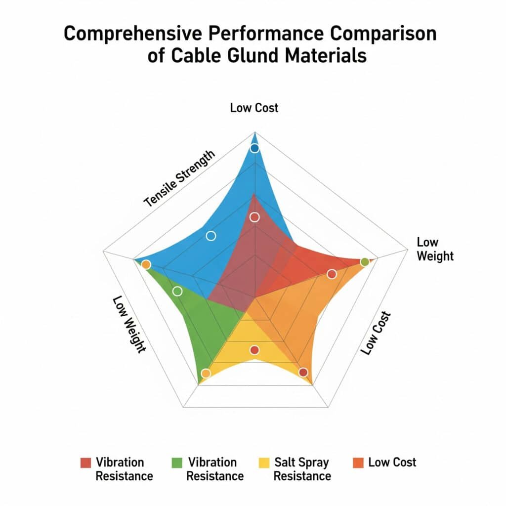 A radar chart titled 'Comprehensive Performance Comparison of Cable Gland Materials' that aims to compare different materials across metrics like tensile strength, low weight, and low cost. However, the chart is rendered with significant errors, including duplicate and mislabeled axes and a confusing legend, which makes an accurate comparison of the materials impossible.