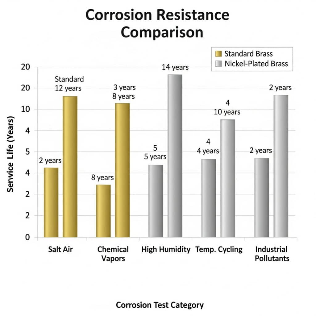 Un diagramme à barres groupées intitulé "Comparaison de la résistance à la corrosion" compare la "durée de vie (années)" du "laiton standard" (barres dorées) et du "laiton nickelé" (barres argentées) dans cinq catégories : Air salin, vapeurs chimiques, humidité élevée, cycles de température et polluants industriels. et les polluants industriels. Dans toutes les catégories, les barres d'argent du laiton nickelé sont nettement plus hautes que les barres d'or du laiton standard, ce qui démontre visuellement sa durée de vie supérieure dans les environnements corrosifs.