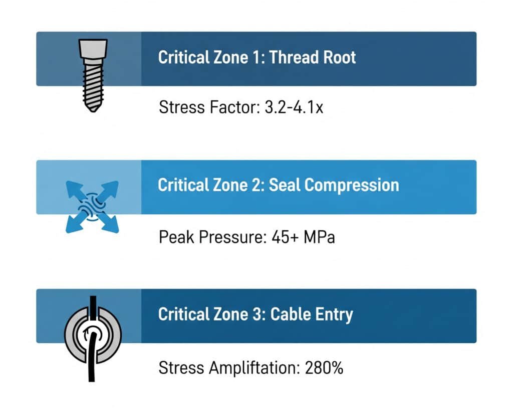 A technical infographic detailing the three critical stress zones in a cable gland. 'Critical Zone 1: Thread Root' shows a stress factor of 3.2-4.1x. 'Critical Zone 2: Seal Compression' indicates a peak pressure of 45+ MPa. 'Critical Zone 3: Cable Entry' notes a stress amplification of 280%.