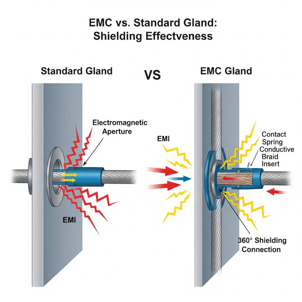 EMC vs. 標準グランド」と題したインフォグラフィック：シールド効果」と題されたインフォグラフィックは、標準ケーブルグランドとEMCケーブルグランドを視覚的に比較しています。左側は、標準グランドがどのように「電磁開口部」を形成し、EMI（電磁干渉）を筐体に侵入させるかを示しています。右側は、EMCグランドが導電性インサートを使用して「360°シールド接続」を提供し、EMIを効果的に遮断することを示しています。