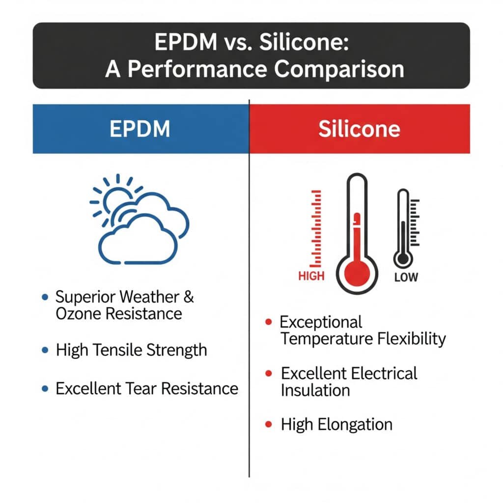 Infografika zatytułowana "EPDM vs. Silikon: Porównanie wydajności". Lewa, niebieska strona "EPDM" zawiera ikonę słońca i chmur oraz wymienia jej mocne strony, takie jak "Doskonała odporność na warunki atmosferyczne i ozon", "Wysoka wytrzymałość na rozciąganie" i "Doskonała odporność na rozdarcie". Prawa, czerwona strona "Silikon" zawiera ikonę termometru pokazującą wysokie i niskie zakresy i wymienia jej mocne strony, takie jak "Wyjątkowa elastyczność temperaturowa", "Doskonała izolacja elektryczna" i "Wysokie wydłużenie".