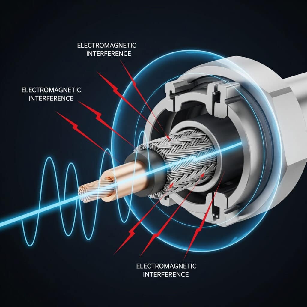 Eine Querschnittsdarstellung einer EMV-Kabelverschraubung, die ein Kabel wirksam vor elektromagnetischen Störungen abschirmt. Rote gezackte Linien, die Störungen darstellen, werden durch die Abschirmung der Kabelverschraubung gestoppt, während eine saubere blaue Signalwelle das Kabel durchläuft, was die Bedeutung eines angemessenen EMV-Schutzes für die Signalintegrität verdeutlicht.