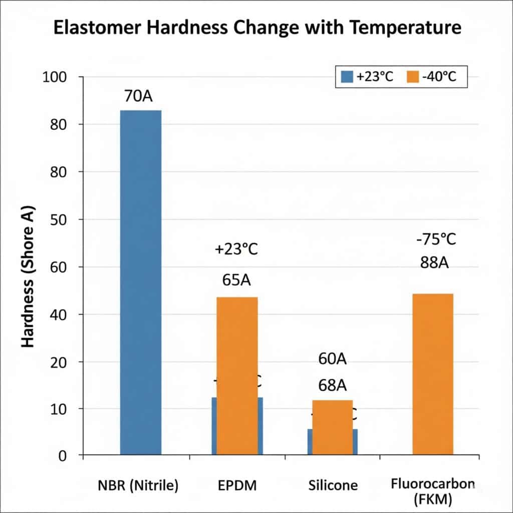 A bar chart titled 'Elastomer Hardness Change with Temperature' which intends to compare the hardness of four different elastomers (NBR, EPDM, Silicone, FKM) at +23°C and -40°C. However, the chart is rendered incorrectly, showing only a single bar for each material instead of the intended comparative pair, thus failing to visually represent the change in hardness for each specific material.