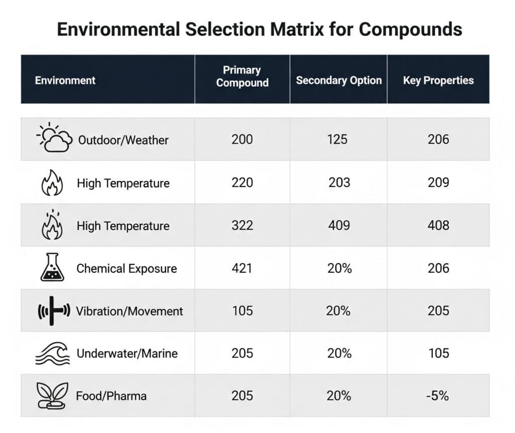 Eine Infografik mit dem Titel "Environmental Selection Matrix for Compounds" (Auswahlmatrix für Verbindungen unter Umweltbedingungen), in der verschiedene Umgebungen wie Außen/Wetter, hohe Temperaturen, chemische Belastung, Vibration/Bewegung, Unterwasser/Meer und Lebensmittel/Pharma zusammen mit primären und sekundären Verbindungsoptionen und ihren wichtigsten Eigenschaften aufgeführt sind.