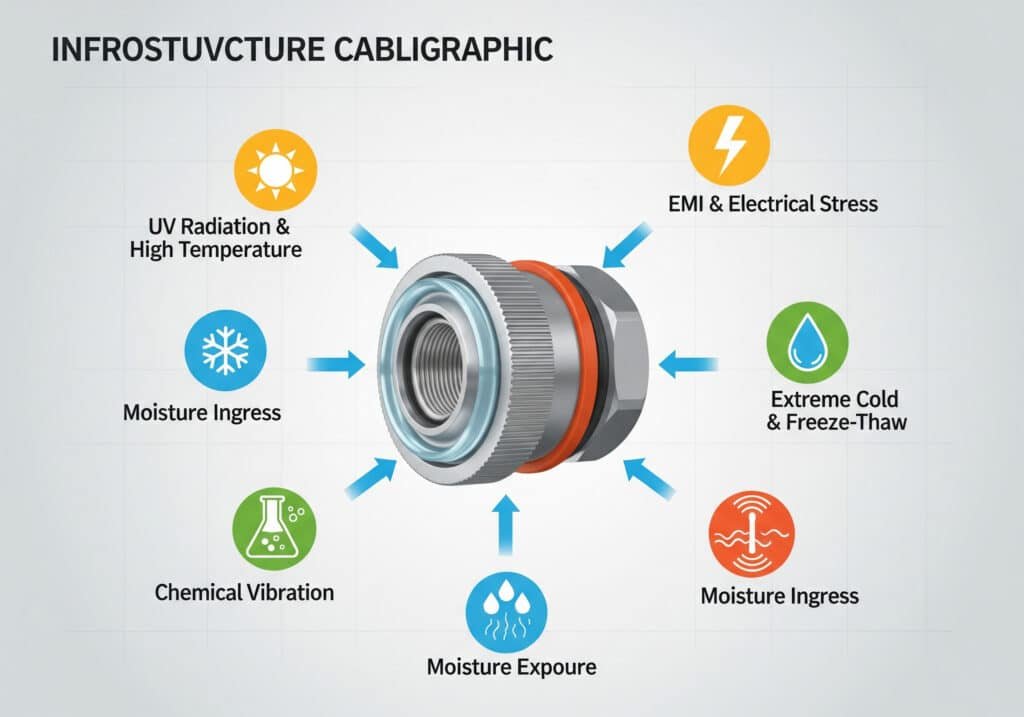 Une infographie circulaire intitulée "Infrastructure Cablegraphics" présente une image centrale d'un presse-étoupe entouré d'icônes et d'étiquettes représentant les principaux facteurs de stress environnementaux. Des flèches partent de ces facteurs de stress - notamment les rayons UV et les températures élevées, le froid extrême et le gel-dégel, l'exposition aux produits chimiques, la pénétration de l'humidité et les vibrations mécaniques - et se dirigent vers le presse-étoupe, indiquant visuellement les facteurs externes auxquels il doit résister.