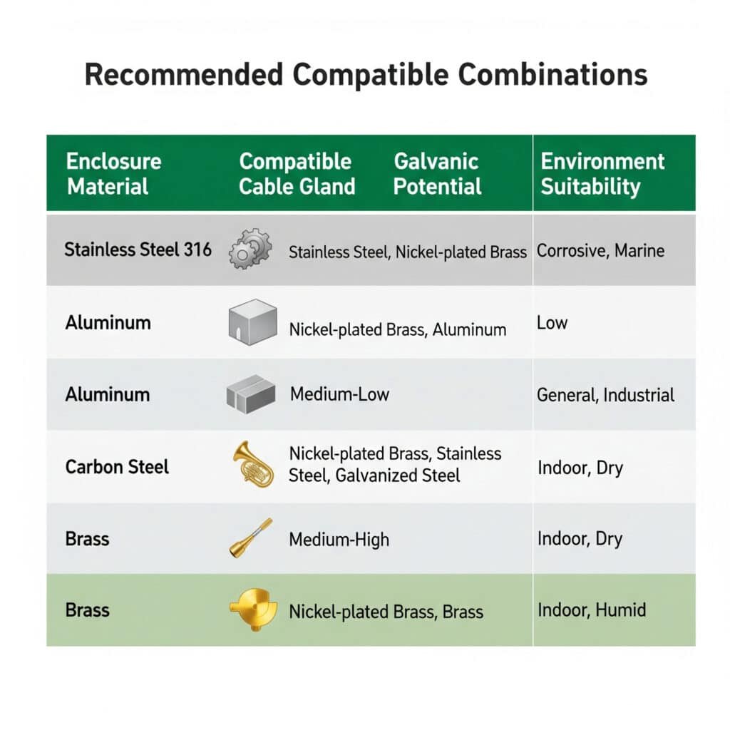 Eine Infografik mit dem Titel "Empfohlene kompatible Kombinationen" dient als Leitfaden, der Gehäusematerialien wie Edelstahl und Aluminium mit kompatiblen Kabelverschraubungsmaterialien abgleicht, um bimetallische Korrosion zu verhindern, und der auch das galvanische Potenzial und die Umwelteignung vermerkt.