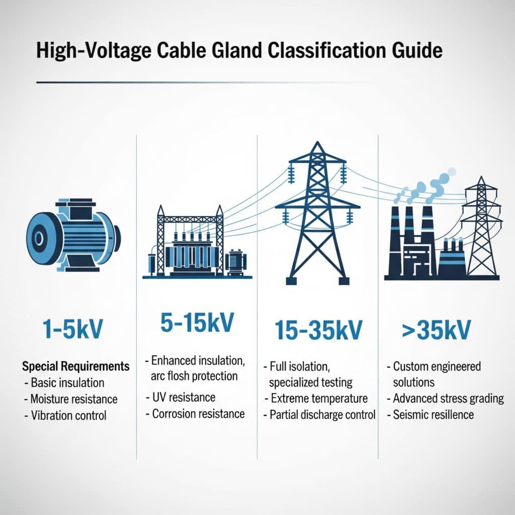 인포그래픽 차트에서는 고전압 케이블 글랜드를 네 가지 범위(1-5kV, 5-15kV, 15-35kV 및 >35kV)로 분류하고, 각 범위에는 일반적인 애플리케이션과 특수 요구 사항 목록을 나타내는 아이콘이 있습니다.