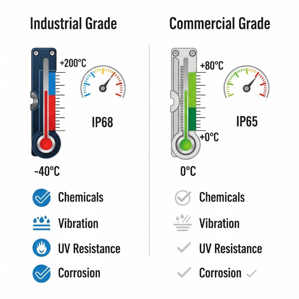Infografis yang membandingkan spesifikasi komponen Kelas Industri versus Kelas Komersial. Sisi Industrial Grade menunjukkan kisaran suhu yang lebih luas dari -40°C hingga +200°C, peringkat IP68, dan tanda centang penuh untuk ketahanan terhadap bahan kimia, getaran, UV, dan korosi. Sisi Commercial Grade menunjukkan kisaran 0°C hingga +80°C, peringkat IP65, dan tanda centang parsial untuk kategori ketahanan yang sama.
