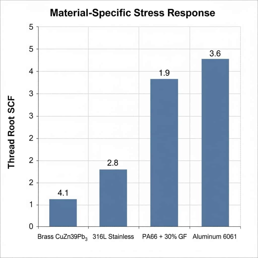 A bar chart titled 'Material-Specific Stress Response' that intends to compare the Thread Root Stress Concentration Factor (SCF) for four materials. However, the chart is flawed, incorrectly showing Brass with a low SCF (around 1.2) and Aluminum with a high SCF (around 4.5), which does not match the source data.