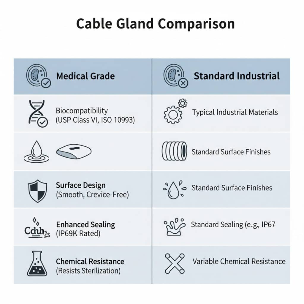 Eine Infografik mit dem Titel "Vergleich von Kabelverschraubungen", in der "Medical Grade"- und "Standard Industrial"-Kabelverschraubungen in Bezug auf die wichtigsten Merkmale, einschließlich Biokompatibilität, Oberflächendesign, verbesserte Abdichtung (IP69K) und chemische Beständigkeit, gegenübergestellt werden.