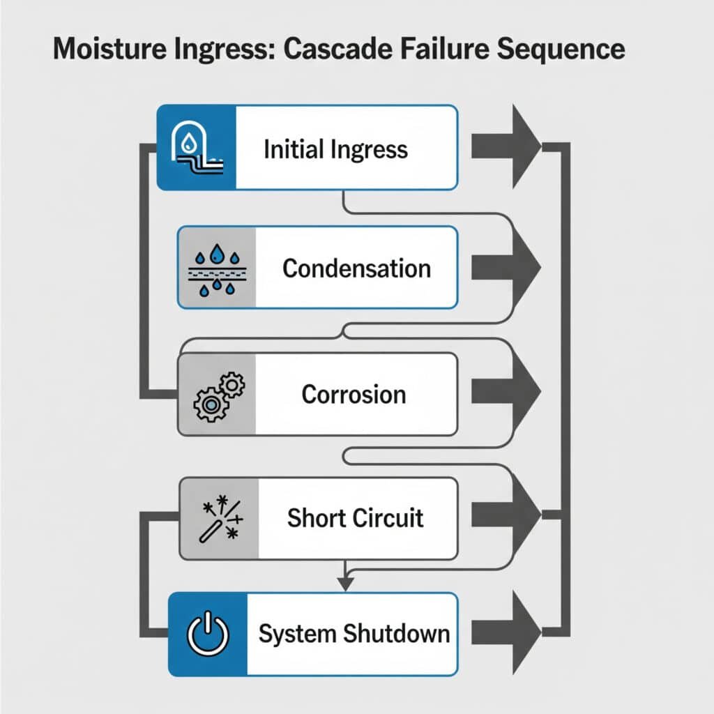 Un organigramme infographique intitulé 'Moisture Ingress : Séquence de défaillance en cascade". Il illustre un processus en cinq étapes commençant par la "pénétration initiale" (icône de gouttelettes d'eau), suivie de la "condensation" (icône de gouttelettes sur une surface), puis de la "corrosion" (icône d'engrenage), conduisant à un "court-circuit" (icône d'étincelle) et aboutissant enfin à l'"arrêt du système" (icône de coupure d'électricité).