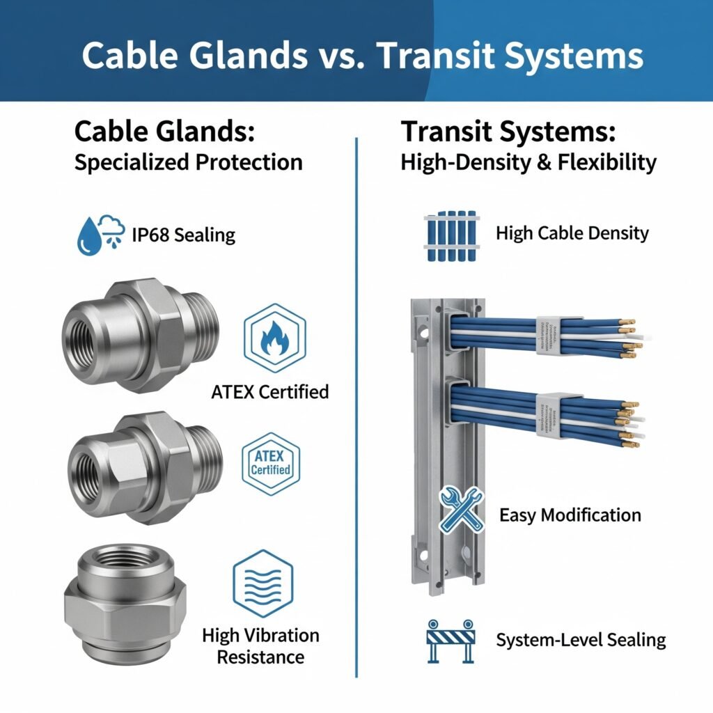 An infographic titled 'Cable Glands vs. Transit Systems' compares two cable management solutions. The left side, 'Cable Glands: Specialized Protection,' displays individual glands with their key strengths like IP68 sealing and ATEX certification. The right side, 'Transit Systems: High-Density & Flexibility,' shows a single frame accommodating many cables, highlighting benefits such as high cable density and easy modification.