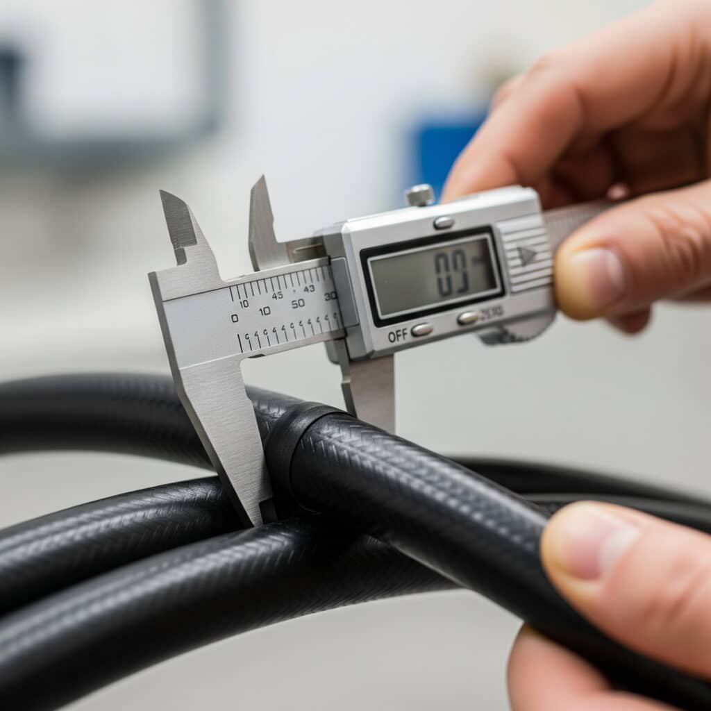 Eine Nahaufnahme zeigt Hände, die einen digitalen Messschieber verwenden, um den Außendurchmesser eines Industriekabels genau zu messen, und unterstreicht damit die Bedeutung einer genauen Messung für die Berechnung der richtigen Lochgröße.