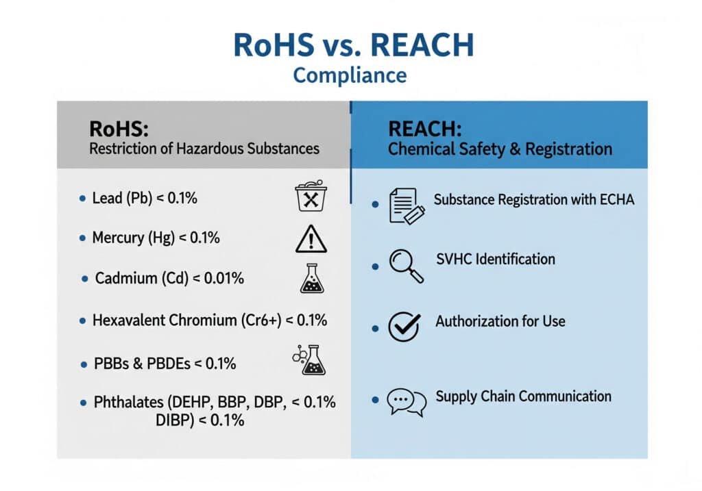 En infografik, der sammenligner RoHS- og REACH-reglerne og beskriver de specifikke farlige stoffer, der er begrænset af RoHS, og de bredere krav til kemikalieregistrering og sikkerhedsdata i REACH.