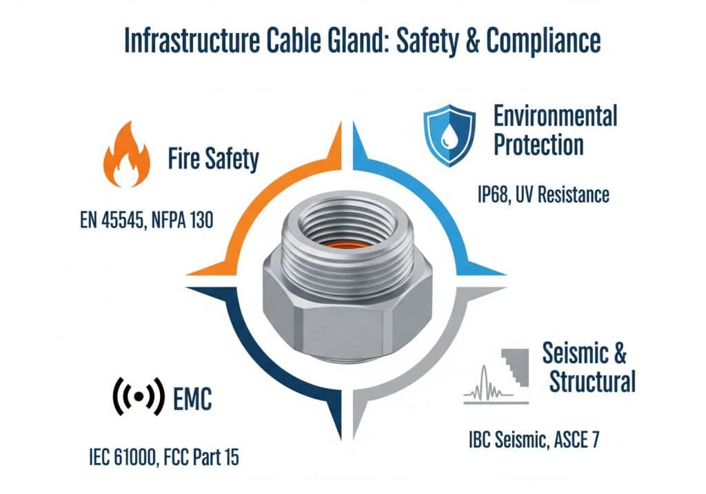 Une infographie circulaire intitulée "Infrastructure Cable Gland : Safety & Compliance" montre un presse-étoupe au centre et quatre sections orientées vers l'extérieur représentant les principales normes de sécurité. Ces sections couvrent la sécurité incendie (EN 45545, NFPA 130), la protection de l'environnement (IP68, résistance aux UV), les risques sismiques et structurels (IBC Seismic, ASCE 7) et la compatibilité électromagnétique (IEC 61000, FCC Part 15), chacune avec les icônes correspondantes.