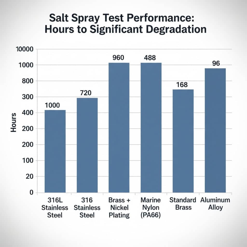 A bar chart titled 'Salt Spray Test Performance: Hours to Significant Degradation' displays the hours to significant degradation for various materials. The bars, from left to right, represent: 316L Stainless Steel (1000+ hours), 316 Stainless Steel (960+ hours), Brass + Nickel Plating (720+ hours), Marine Nylon (PA66) (480+ hours), Standard Brass (168 hours), and Aluminum Alloy (96 hours), visually ranking their corrosion resistance.