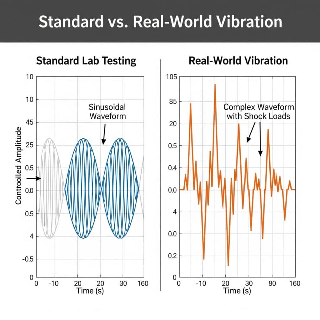 Uma infografia intitulada 'Standard vs. Real-World Vibration' compara 'Standard Lab Testing' com 'Real-World Vibration'. O teste de laboratório é representado por uma forma de onda sinusoidal limpa, enquanto a vibração do mundo real é mostrada como uma forma de onda complexa e irregular com cargas de choque. No entanto, as escalas do eixo Y em ambos os gráficos são absurdas e inconsistentes, tornando impossível uma comparação numérica direta.