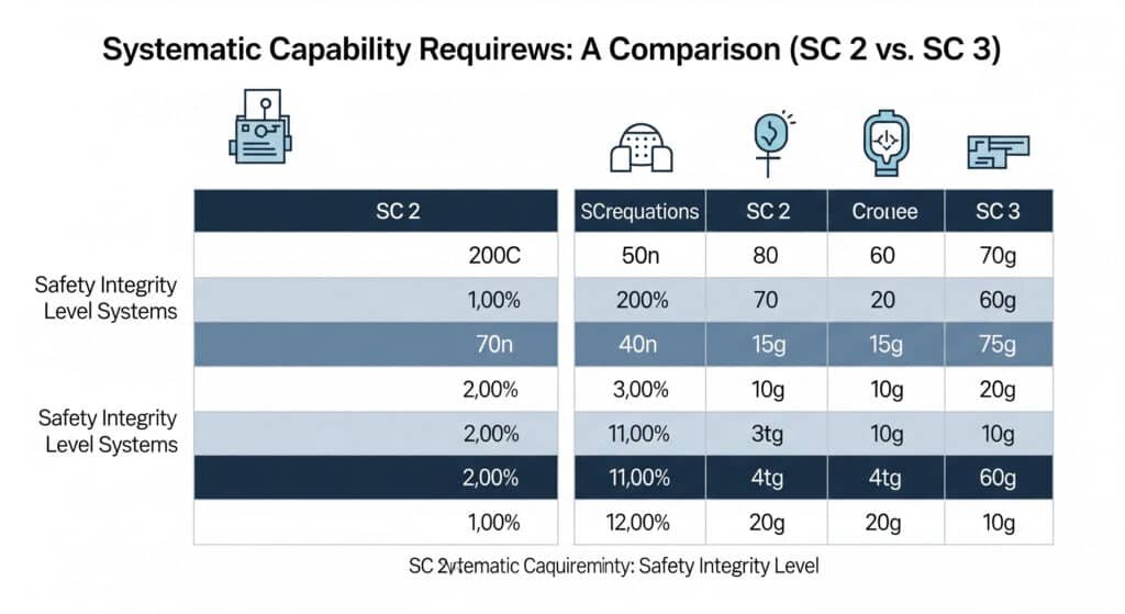 Infografikas datu diagramma, kurā salīdzinātas sistemātisko spēju (SC) prasības sistēmām ar SIL novērtējumu, īpaši SC 2 un SC 3. Tajā uzskaitīti katra līmeņa galvenie punkti, tostarp kvalitātes pārvaldība, verifikācija un validācija, kā arī trešās puses novērtējums, lai tehniskajai auditorijai izskaidrotu atšķirības.