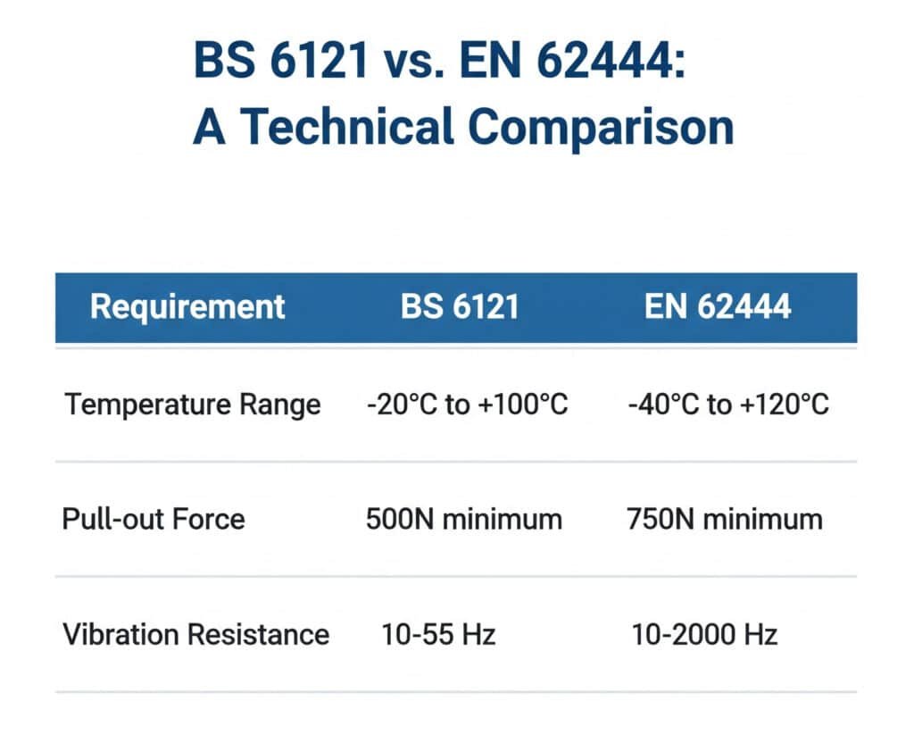 Eine Vergleichstabelle mit dem Titel "BS 6121 vs. EN 62444: Ein technischer Vergleich" hebt die wichtigsten Unterschiede zwischen den beiden Normen für Kabelverschraubungen in Bezug auf Anforderungen wie Temperaturbereich, Auszugskraft und Vibrationsfestigkeit hervor.