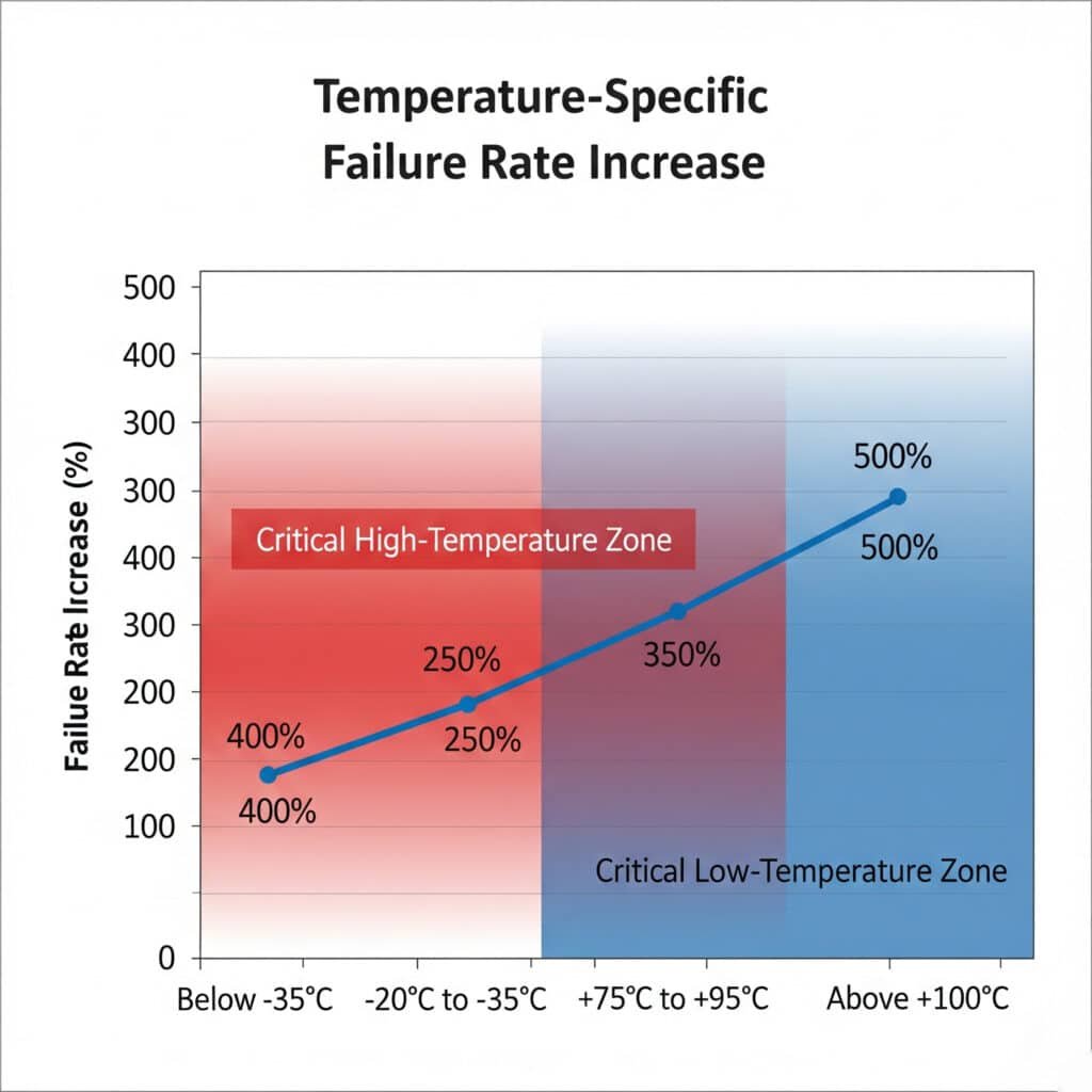 A line graph titled 'Temperature-Specific Failure Rate Increase' illustrating how failure rates of seals increase across different temperature ranges. The x-axis shows temperature ranges (Below -35°C, -20°C to -35°C, +75°C to +95°C, Above +100°C), and the y-axis represents the percentage increase in failure rate. The graph indicates significant increases in failure rates in both critical low-temperature and high-temperature zones.