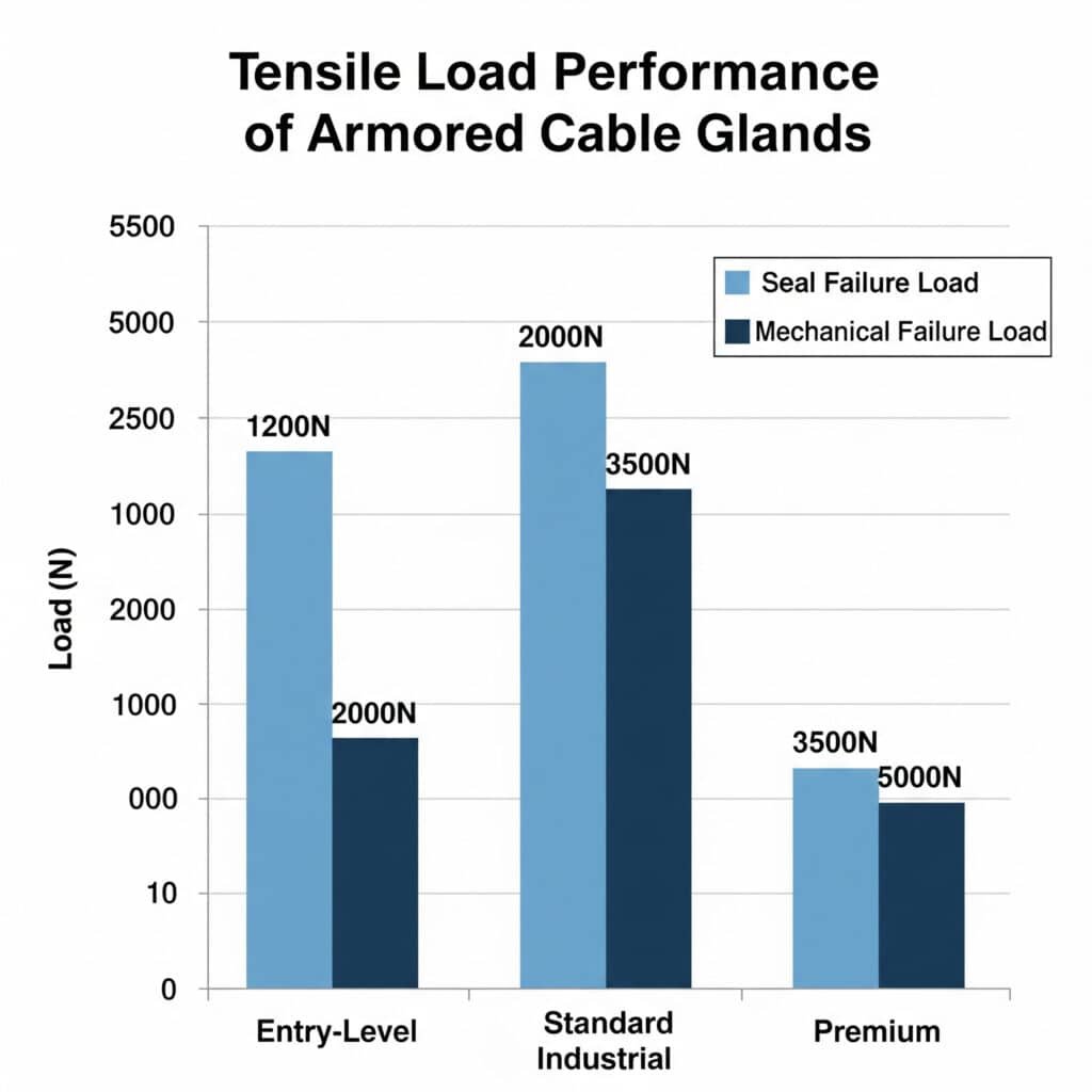 Wykres słupkowy zatytułowany "Tensile Load Performance of Armored Cable Glands" porównuje "Seal Failure Load" i "Mechanical Failure Load" dla poziomów "Entry-Level", "Standard Industrial" i "Premium". Wykres jest jednak wadliwy ze względu na bezsensowną i niespójną skalę osi Y (np. 0, 10, 000, 1000, 2000, 2500), co uniemożliwia dokładną interpretację wartości obciążenia.