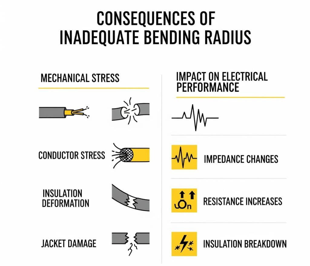 Eine Infografik mit dem Titel "Consequences of Inadequate Bending Radius" (Folgen eines unzureichenden Biegeradius), die die negativen Auswirkungen aufzeigt, unterteilt in "Mechanische Belastung" (z. B. Beschädigung von Leitern und Ummantelungen) und "Auswirkungen auf die elektrische Leistung" (z. B. Impedanzveränderungen und Isolationsausfall).
