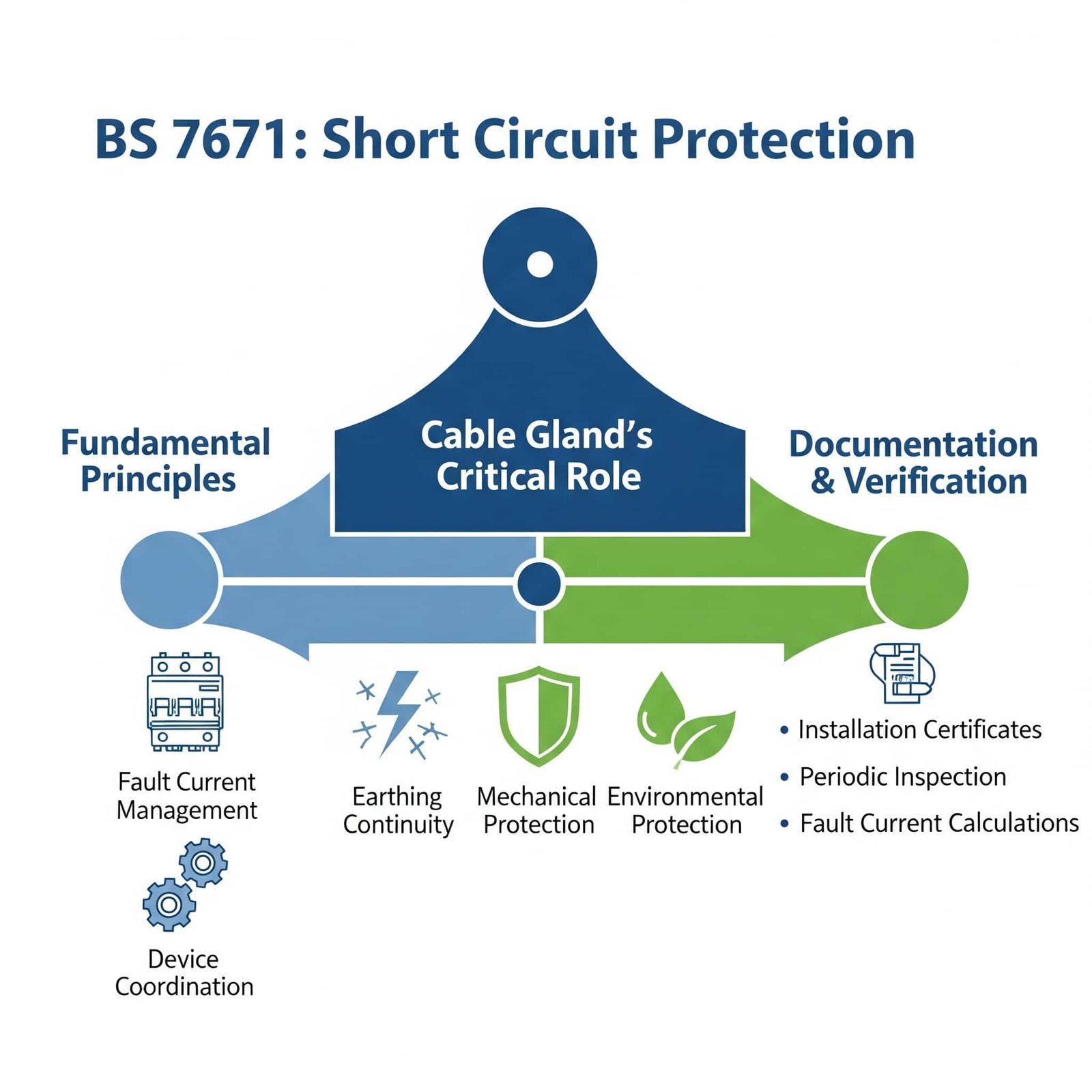 Ein Diagramm mit dem Titel "BS 7671: Short Circuit Protection" (Kurzschlussschutz) veranschaulicht die "kritische Rolle der Kabelverschraubung" innerhalb der grundlegenden Schutzprinzipien (Fehlerstrommanagement, Gerätekoordination) und der Dokumentation und Überprüfung (Installationszertifikate, regelmäßige Inspektionen, Fehlerstromberechnungen). Die Schlüsselfunktionen der Kabelverschraubung werden hervorgehoben: Erdungsdurchgängigkeit, mechanischer Schutz und Schutz der Umwelt.