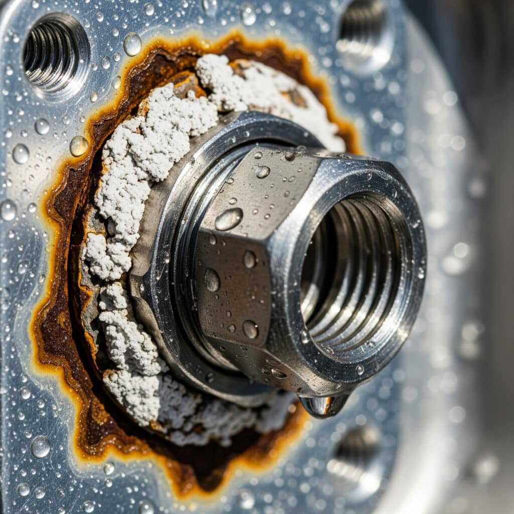 Eine Makroaufnahme, die schwere Bimetallkorrosion zeigt, bei der eine Mutter aus rostfreiem Stahl an einer Aluminiumplatte befestigt ist. Das Aluminium ist mit starker weißer und rostfarbener Korrosion und Wassertröpfchen bedeckt, was die zerstörerischen Auswirkungen der galvanischen Korrosion zwischen ungleichen Metallen in einer feuchten Umgebung veranschaulicht.