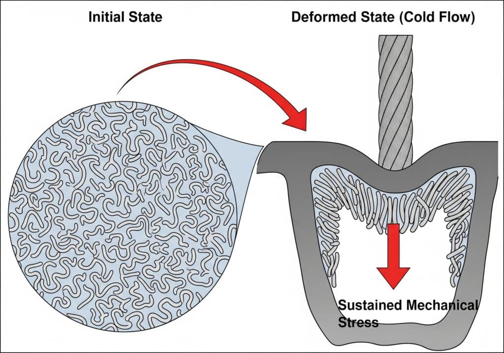 Diagramme scientifique illustrant le phénomène de "flux froid" dans les joints élastomères, montrant une comparaison avant-après. L'"état initial" représente des chaînes de polymères enroulées de manière aléatoire, tandis que l'"état déformé" montre comment une contrainte mécanique soutenue entraîne un déplacement et une déformation permanents de ces chaînes, compromettant ainsi l'intégrité du joint.