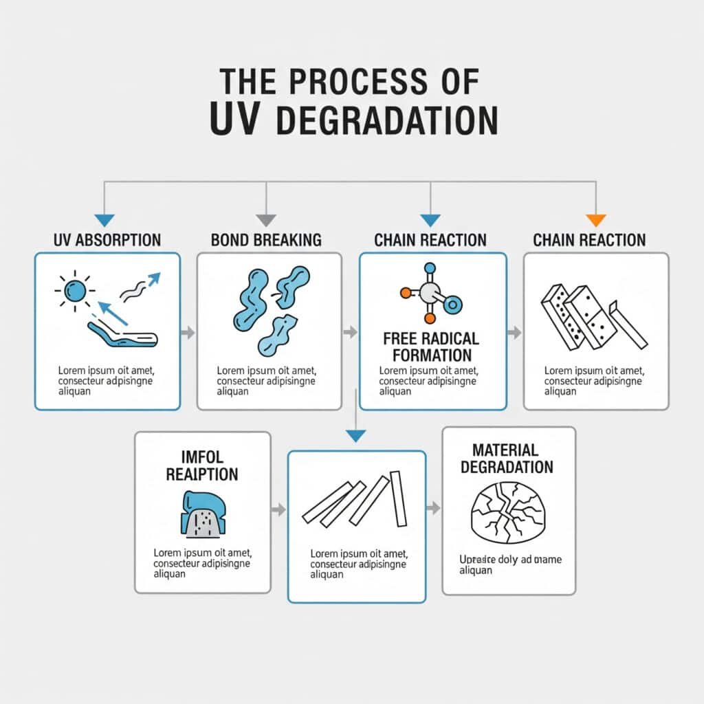 Infografski diagram z naslovom "Postopek UV-razgradnje". Prikazuje večstopenjski proces, ki naj bi pokazal, kako UV sevanje poškoduje materiale, začenši z absorpcijo UV sevanja in prekinitvijo vezi, kar vodi do tvorbe prostih radikalov. Diagram postane zmeden zaradi več korakov, označenih kot "verižna reakcija" in ena "prosta reakcija", preden se zaključi z "razgradnjo materiala", ki prikazuje razpokano površino. Opisi pod vsakim korakom so sestavljeni iz nadomestnega besedila "Lorem ipsum".