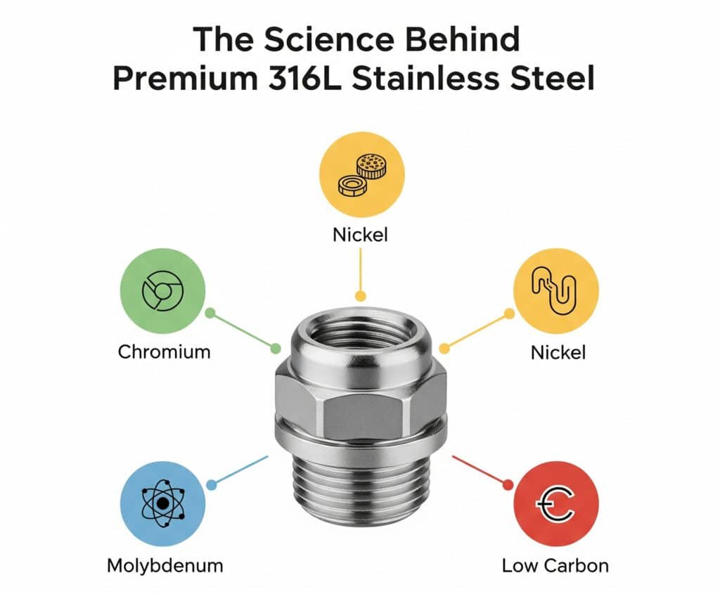 Une infographie intitulée "La science derrière l'acier inoxydable 316L Premium". Elle présente une image centrale d'un presse-étoupe en acier inoxydable avec cinq cercles rayonnant vers l'extérieur, censés représenter des composants chimiques clés. Les étiquettes comprennent le "chrome", deux icônes distinctes et différentes pour le "nickel", le "molybdène" et la "faible teneur en carbone". L'icône "Low Carbon" est incorrectement représentée comme un symbole européen, et l'infographie omet les descriptions des avantages de chaque composant.