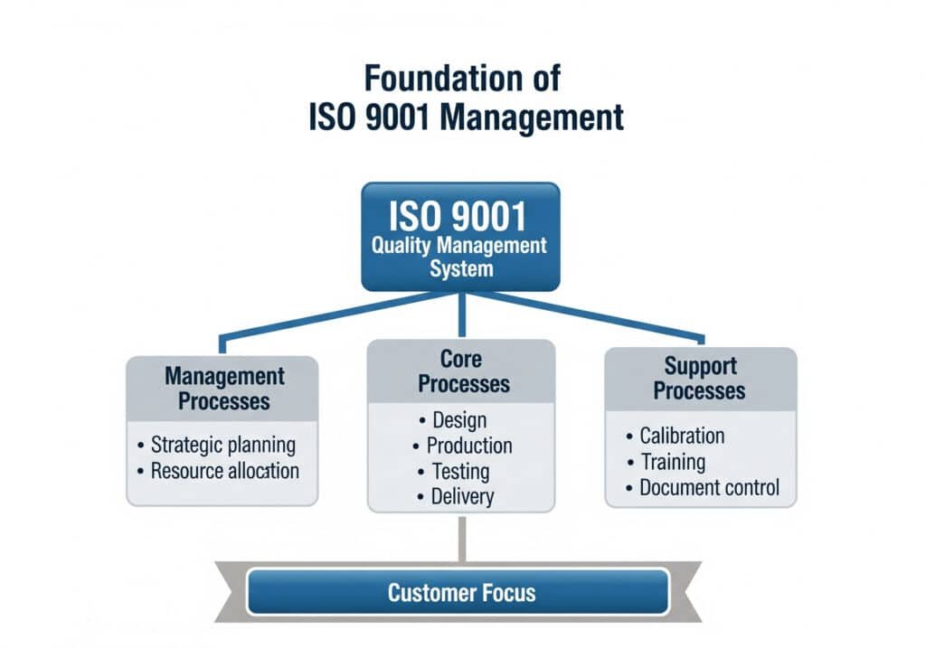 ISO 9001 pagrindą iliustruojanti schema, rodanti, kaip procesais pagrįstas požiūris, apimantis valdymo, pagrindinius ir pagalbinius procesus, grindžiamas orientacijos į klientą principu.